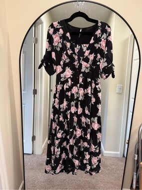 Free People Black Pink Rose Floral Button Front Maxi Dress Tie Sleeve
